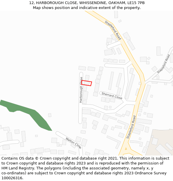 12, HARBOROUGH CLOSE, WHISSENDINE, OAKHAM, LE15 7PB: Location map and indicative extent of plot