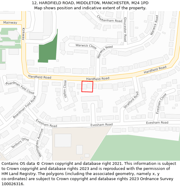 12, HARDFIELD ROAD, MIDDLETON, MANCHESTER, M24 1PD: Location map and indicative extent of plot