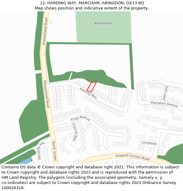 12, HARDING WAY, MARCHAM, ABINGDON, OX13 6FJ: Location map and indicative extent of plot