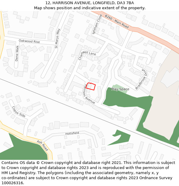 12, HARRISON AVENUE, LONGFIELD, DA3 7BA: Location map and indicative extent of plot
