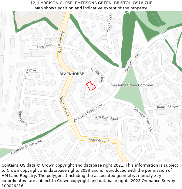 12, HARRISON CLOSE, EMERSONS GREEN, BRISTOL, BS16 7HB: Location map and indicative extent of plot