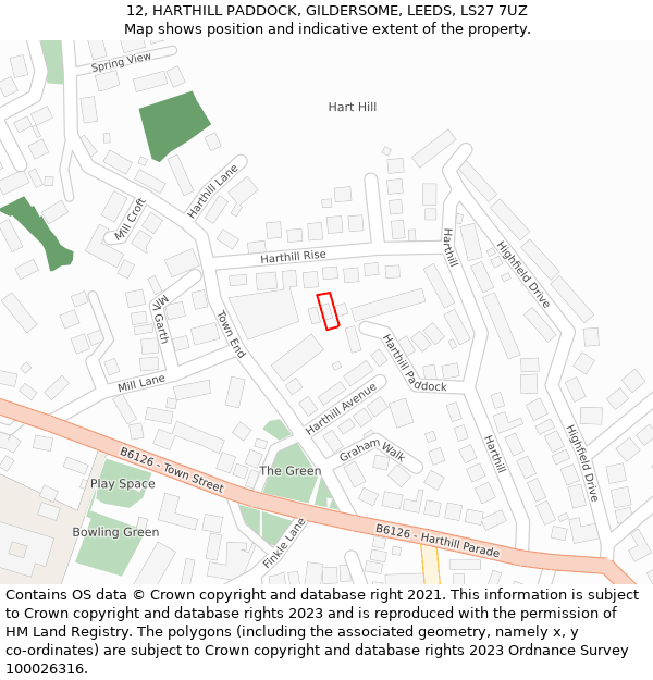 12, HARTHILL PADDOCK, GILDERSOME, LEEDS, LS27 7UZ: Location map and indicative extent of plot