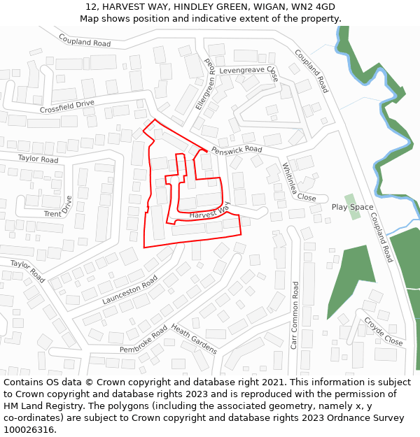 12, HARVEST WAY, HINDLEY GREEN, WIGAN, WN2 4GD: Location map and indicative extent of plot