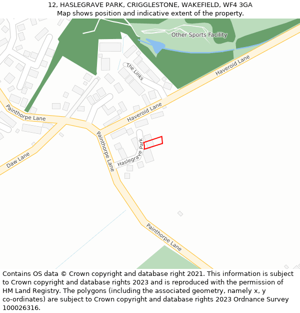 12, HASLEGRAVE PARK, CRIGGLESTONE, WAKEFIELD, WF4 3GA: Location map and indicative extent of plot