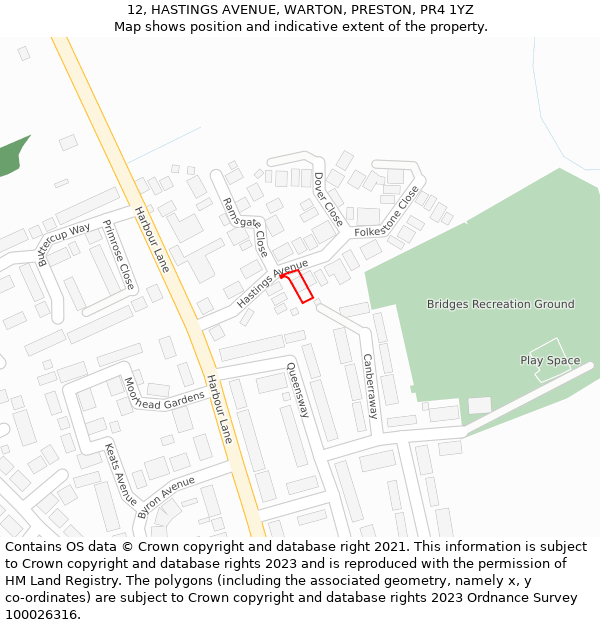 12, HASTINGS AVENUE, WARTON, PRESTON, PR4 1YZ: Location map and indicative extent of plot