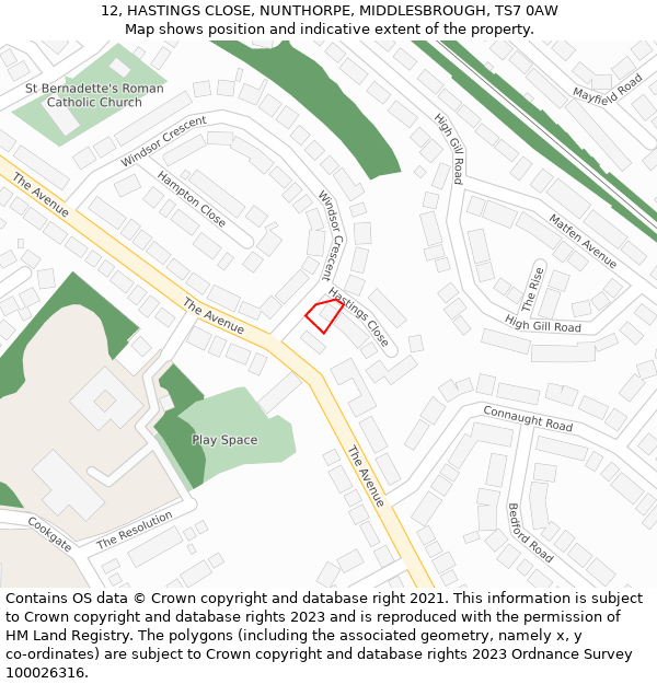 12, HASTINGS CLOSE, NUNTHORPE, MIDDLESBROUGH, TS7 0AW: Location map and indicative extent of plot