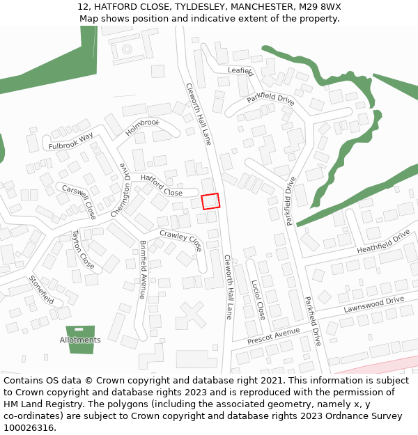 12, HATFORD CLOSE, TYLDESLEY, MANCHESTER, M29 8WX: Location map and indicative extent of plot