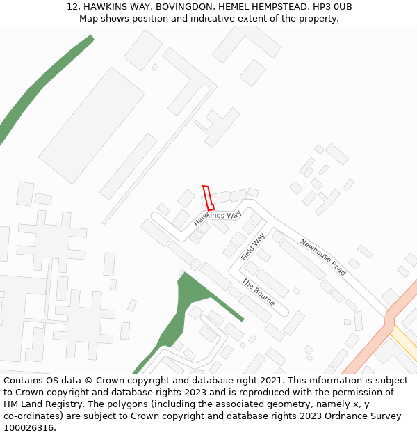 12, HAWKINS WAY, BOVINGDON, HEMEL HEMPSTEAD, HP3 0UB: Location map and indicative extent of plot