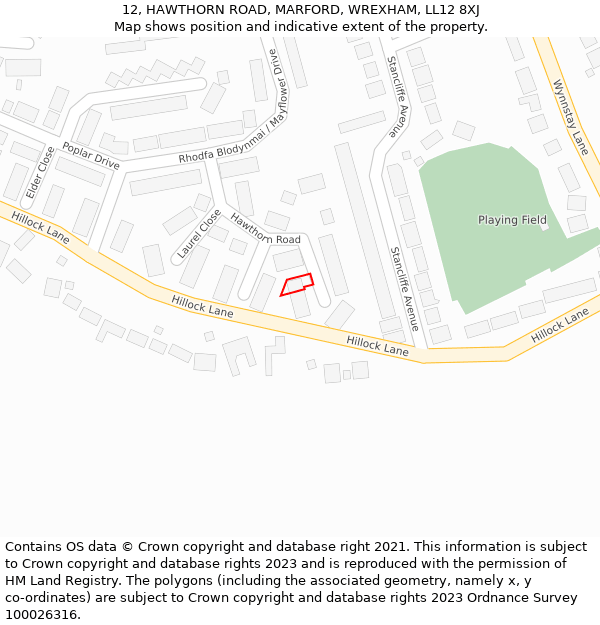 12, HAWTHORN ROAD, MARFORD, WREXHAM, LL12 8XJ: Location map and indicative extent of plot