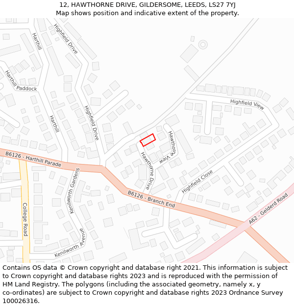 12, HAWTHORNE DRIVE, GILDERSOME, LEEDS, LS27 7YJ: Location map and indicative extent of plot