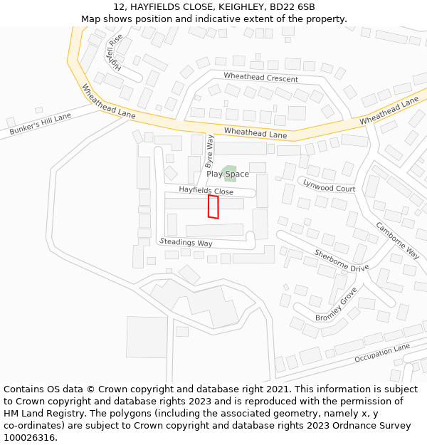 12, HAYFIELDS CLOSE, KEIGHLEY, BD22 6SB: Location map and indicative extent of plot