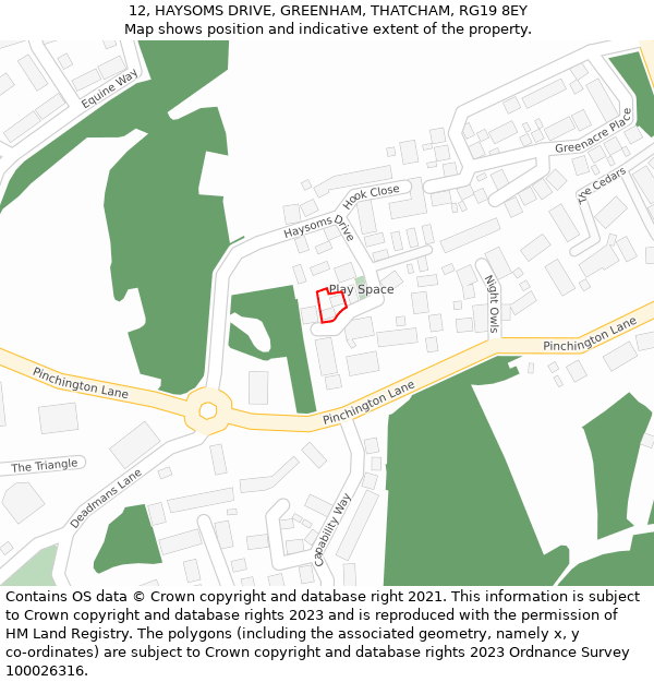 12, HAYSOMS DRIVE, GREENHAM, THATCHAM, RG19 8EY: Location map and indicative extent of plot