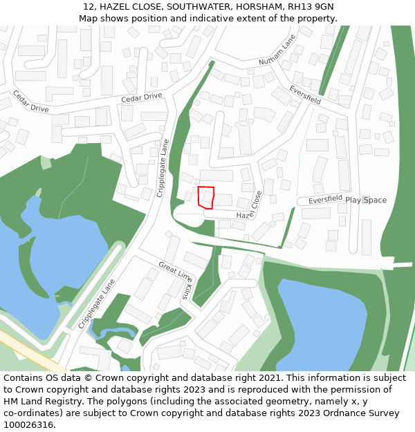 12, HAZEL CLOSE, SOUTHWATER, HORSHAM, RH13 9GN: Location map and indicative extent of plot