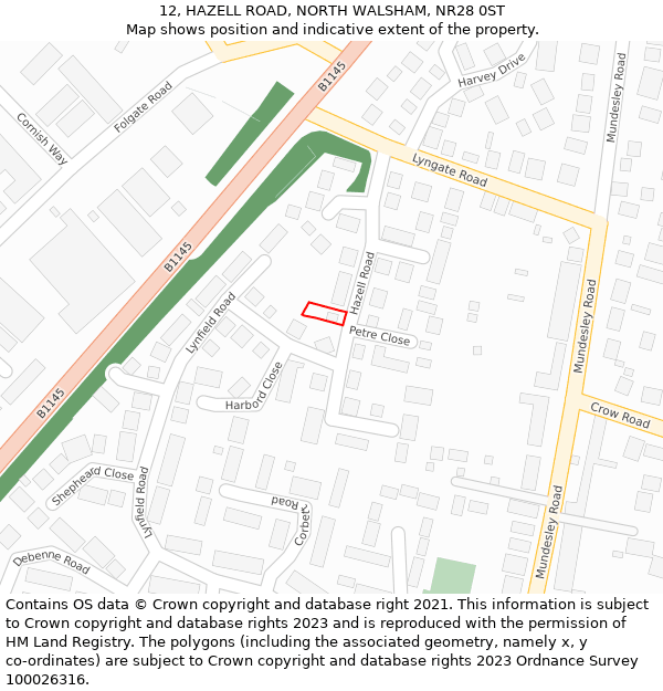 12, HAZELL ROAD, NORTH WALSHAM, NR28 0ST: Location map and indicative extent of plot