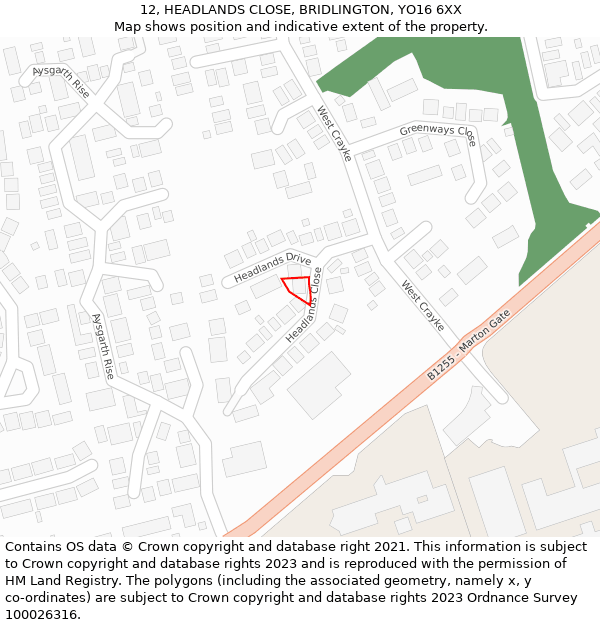 12, HEADLANDS CLOSE, BRIDLINGTON, YO16 6XX: Location map and indicative extent of plot