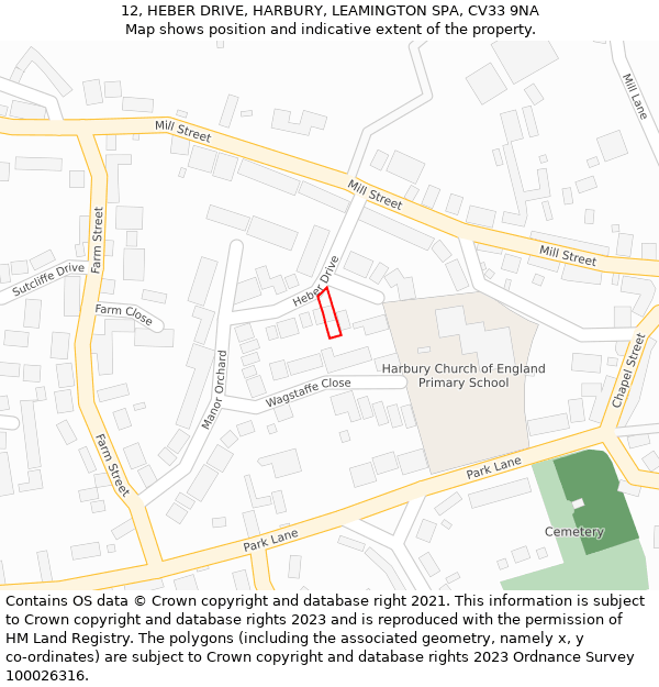 12, HEBER DRIVE, HARBURY, LEAMINGTON SPA, CV33 9NA: Location map and indicative extent of plot