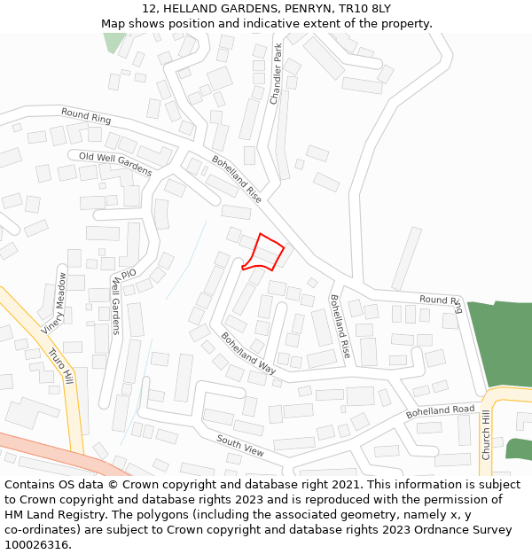 12, HELLAND GARDENS, PENRYN, TR10 8LY: Location map and indicative extent of plot