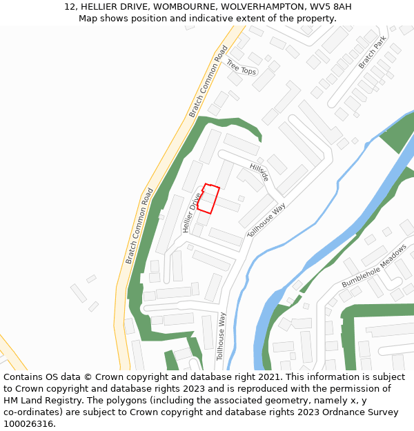 12, HELLIER DRIVE, WOMBOURNE, WOLVERHAMPTON, WV5 8AH: Location map and indicative extent of plot