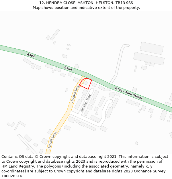 12, HENDRA CLOSE, ASHTON, HELSTON, TR13 9SS: Location map and indicative extent of plot