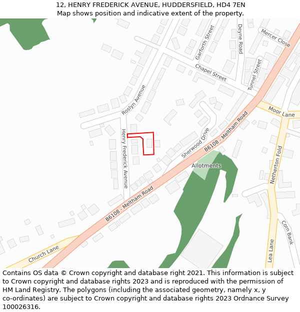 12, HENRY FREDERICK AVENUE, HUDDERSFIELD, HD4 7EN: Location map and indicative extent of plot
