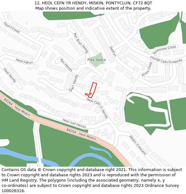 12, HEOL CEFN YR HENDY, MISKIN, PONTYCLUN, CF72 8QT: Location map and indicative extent of plot