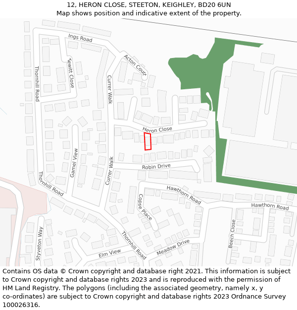 12, HERON CLOSE, STEETON, KEIGHLEY, BD20 6UN: Location map and indicative extent of plot