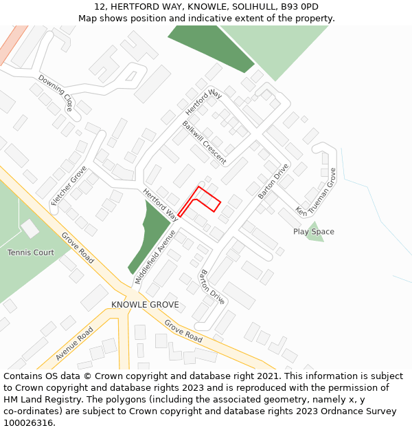 12, HERTFORD WAY, KNOWLE, SOLIHULL, B93 0PD: Location map and indicative extent of plot