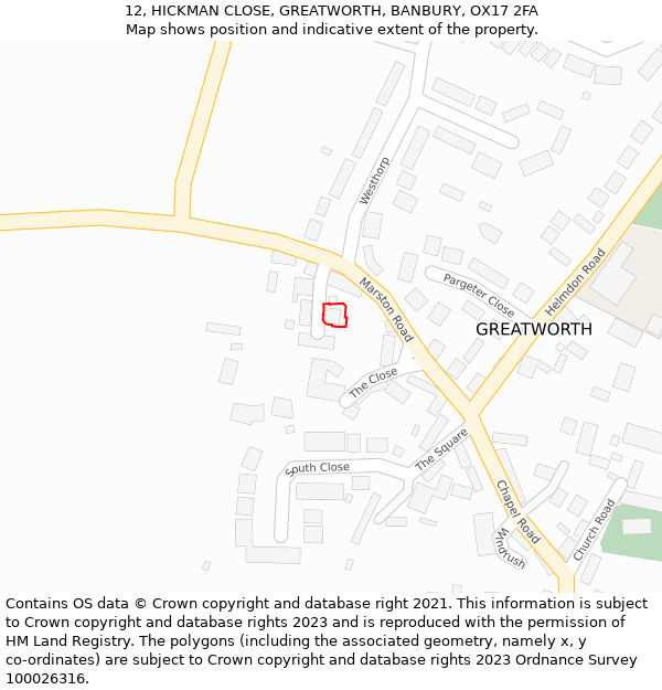 12, HICKMAN CLOSE, GREATWORTH, BANBURY, OX17 2FA: Location map and indicative extent of plot