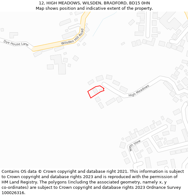 12, HIGH MEADOWS, WILSDEN, BRADFORD, BD15 0HN: Location map and indicative extent of plot