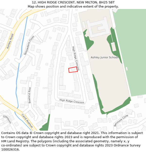 12, HIGH RIDGE CRESCENT, NEW MILTON, BH25 5BT: Location map and indicative extent of plot