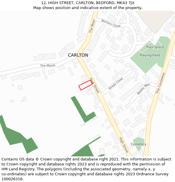 12, HIGH STREET, CARLTON, BEDFORD, MK43 7JX: Location map and indicative extent of plot