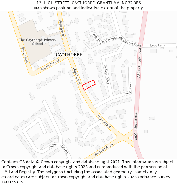 12, HIGH STREET, CAYTHORPE, GRANTHAM, NG32 3BS: Location map and indicative extent of plot