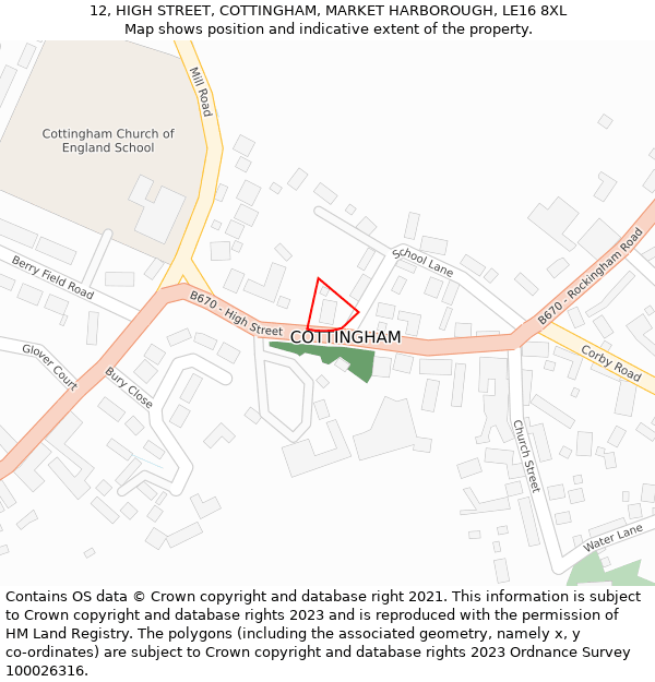 12, HIGH STREET, COTTINGHAM, MARKET HARBOROUGH, LE16 8XL: Location map and indicative extent of plot