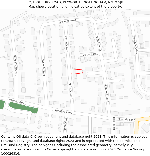 12, HIGHBURY ROAD, KEYWORTH, NOTTINGHAM, NG12 5JB: Location map and indicative extent of plot