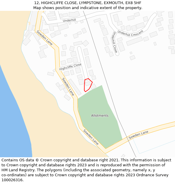 12, HIGHCLIFFE CLOSE, LYMPSTONE, EXMOUTH, EX8 5HF: Location map and indicative extent of plot