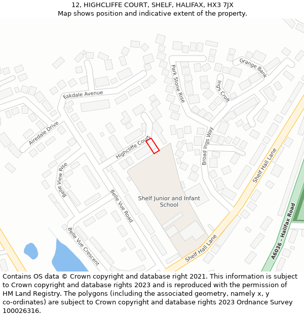 12, HIGHCLIFFE COURT, SHELF, HALIFAX, HX3 7JX: Location map and indicative extent of plot