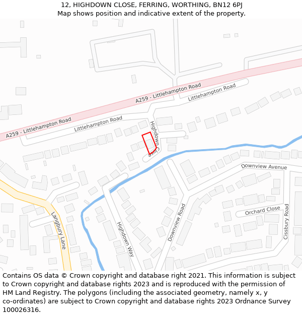 12, HIGHDOWN CLOSE, FERRING, WORTHING, BN12 6PJ: Location map and indicative extent of plot