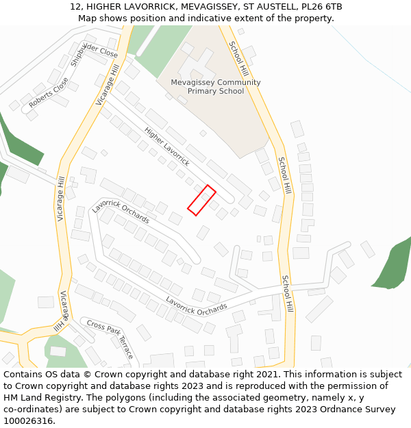 12, HIGHER LAVORRICK, MEVAGISSEY, ST AUSTELL, PL26 6TB: Location map and indicative extent of plot