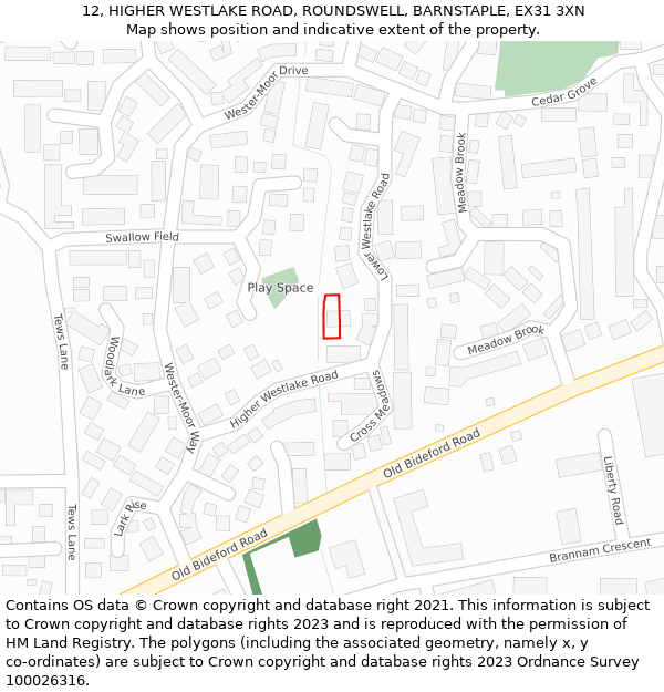 12, HIGHER WESTLAKE ROAD, ROUNDSWELL, BARNSTAPLE, EX31 3XN: Location map and indicative extent of plot