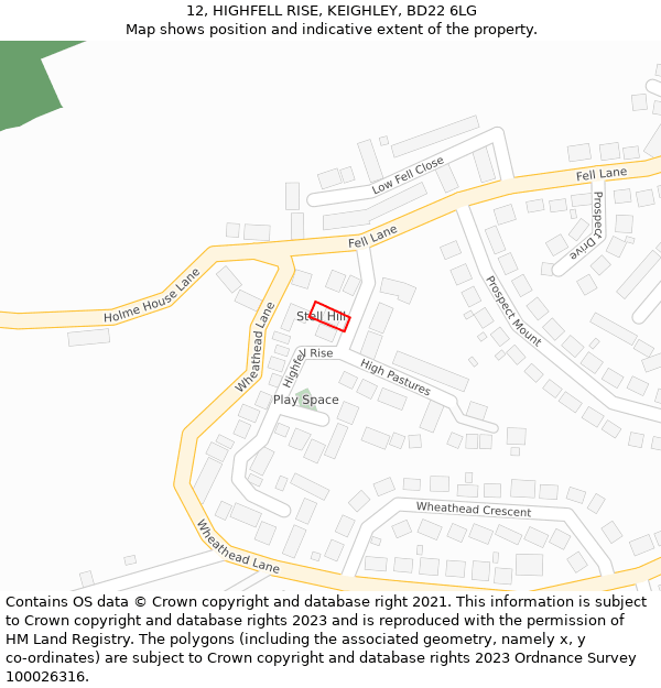 12, HIGHFELL RISE, KEIGHLEY, BD22 6LG: Location map and indicative extent of plot