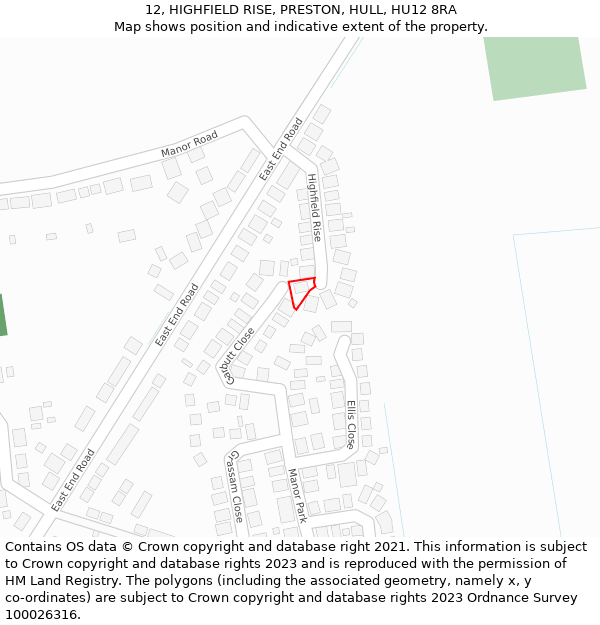 12, HIGHFIELD RISE, PRESTON, HULL, HU12 8RA: Location map and indicative extent of plot