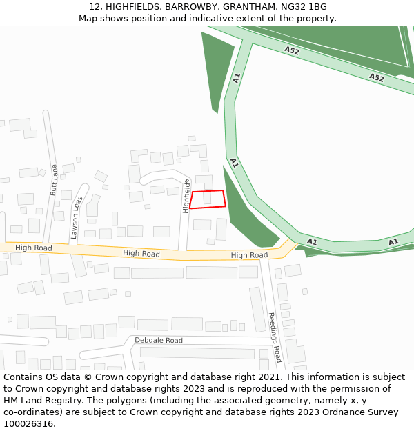 12, HIGHFIELDS, BARROWBY, GRANTHAM, NG32 1BG: Location map and indicative extent of plot