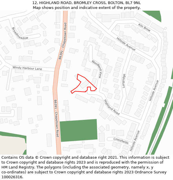 12, HIGHLAND ROAD, BROMLEY CROSS, BOLTON, BL7 9NL: Location map and indicative extent of plot