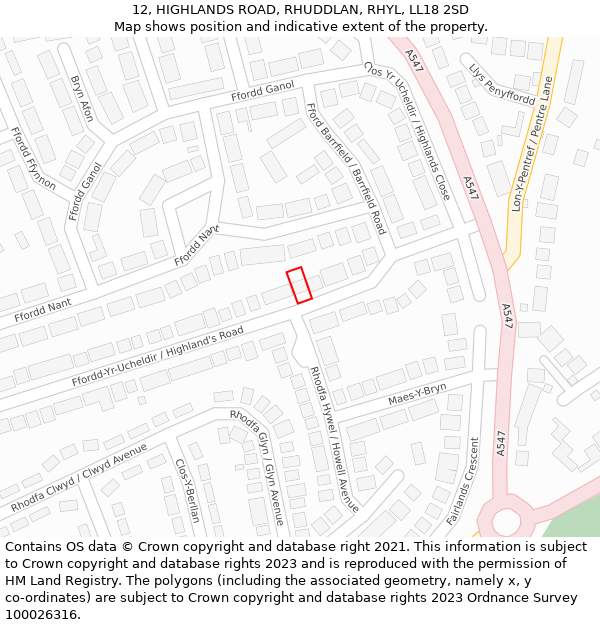 12, HIGHLANDS ROAD, RHUDDLAN, RHYL, LL18 2SD: Location map and indicative extent of plot