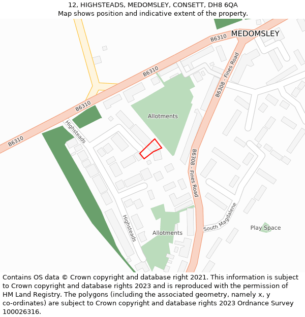 12, HIGHSTEADS, MEDOMSLEY, CONSETT, DH8 6QA: Location map and indicative extent of plot