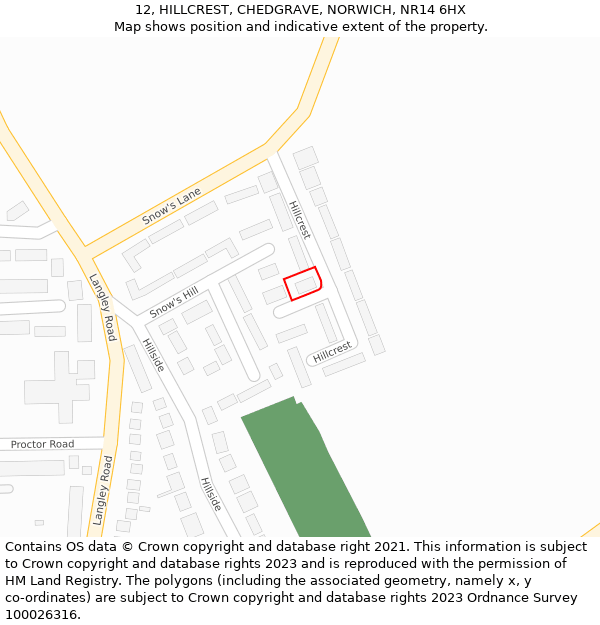 12, HILLCREST, CHEDGRAVE, NORWICH, NR14 6HX: Location map and indicative extent of plot