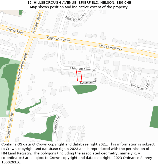 12, HILLSBOROUGH AVENUE, BRIERFIELD, NELSON, BB9 0HB: Location map and indicative extent of plot