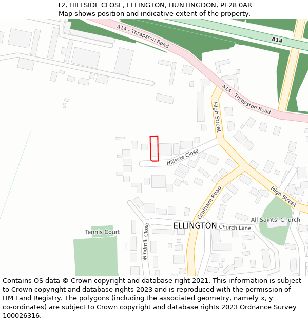 12, HILLSIDE CLOSE, ELLINGTON, HUNTINGDON, PE28 0AR: Location map and indicative extent of plot