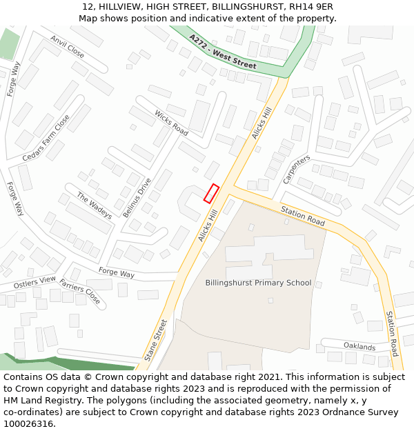 12, HILLVIEW, HIGH STREET, BILLINGSHURST, RH14 9ER: Location map and indicative extent of plot
