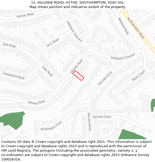 12, HILLVIEW ROAD, HYTHE, SOUTHAMPTON, SO45 5GL: Location map and indicative extent of plot